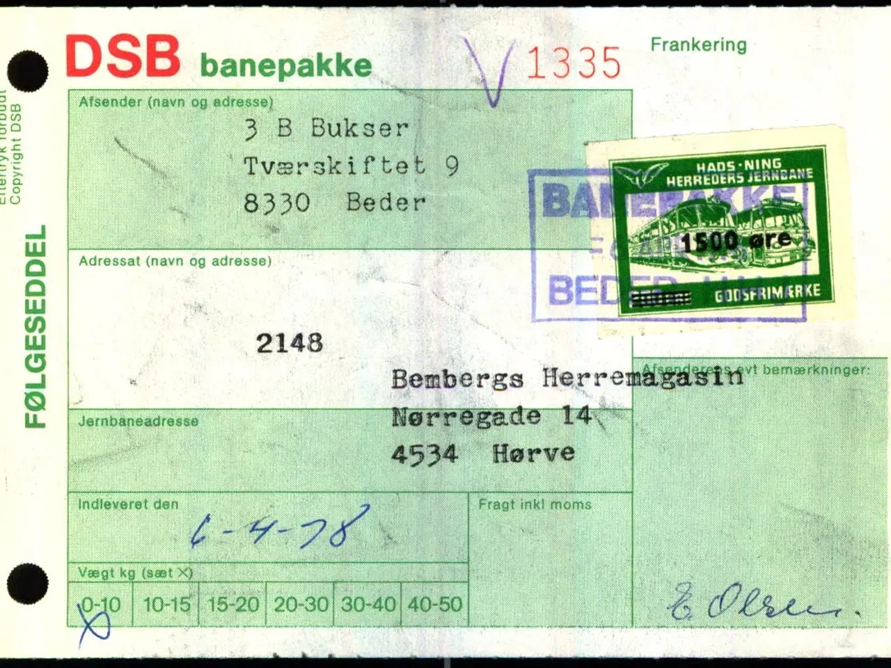 Billede 1 - Banepakke DSB/Hads-Ning - Herreds Jernbane - Følgeseddel - 6 - 4 - 78 - 1x1500 Øre - Stemplet