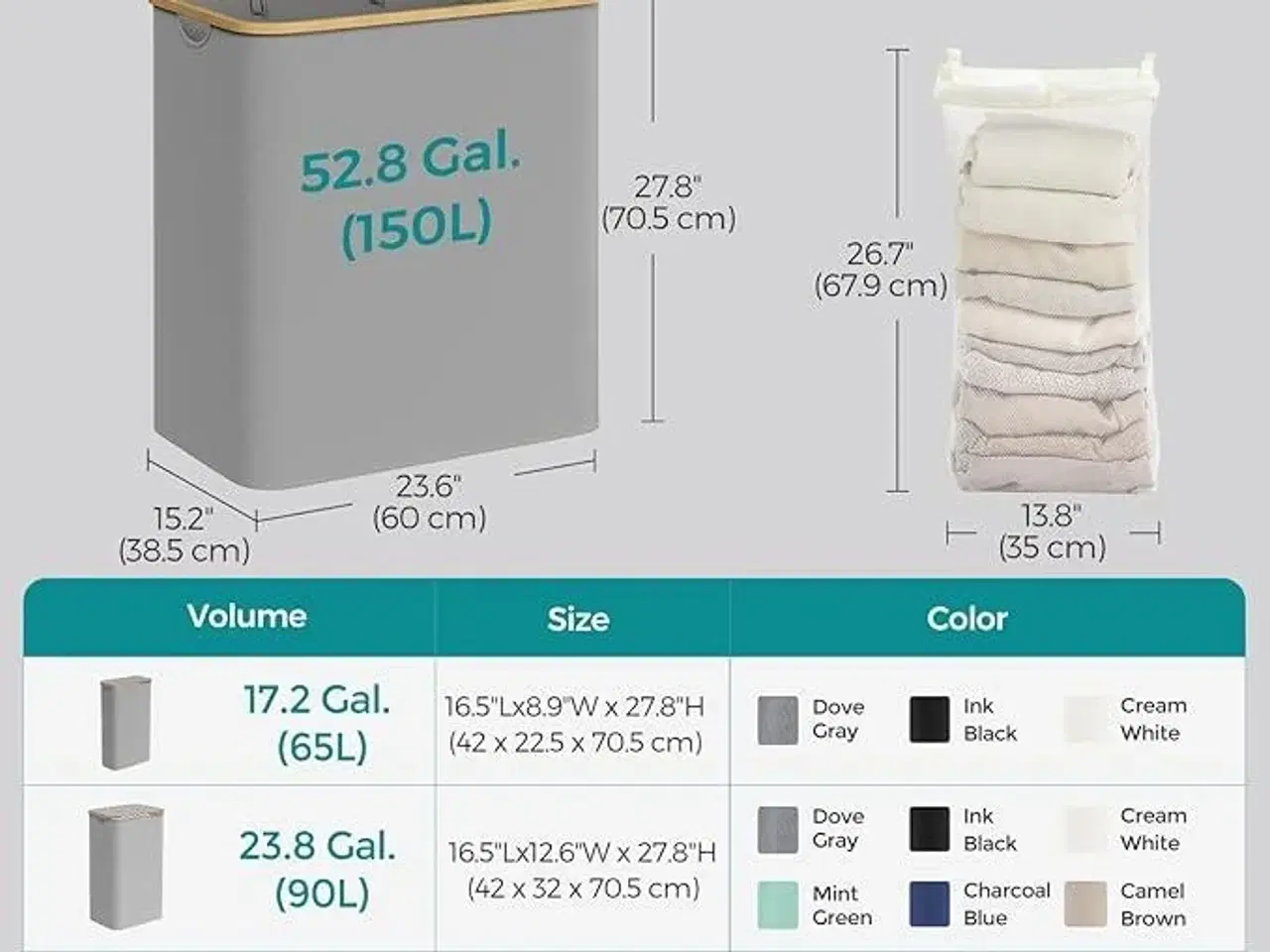 Billede 6 - Vasketøjskurv med låg 3 rum, 150 l, aftagelig netforing, Oxford-stof, bambushåndtag, sammenklappelig, 60 × 38,5 × 70,5 cm, duegrå