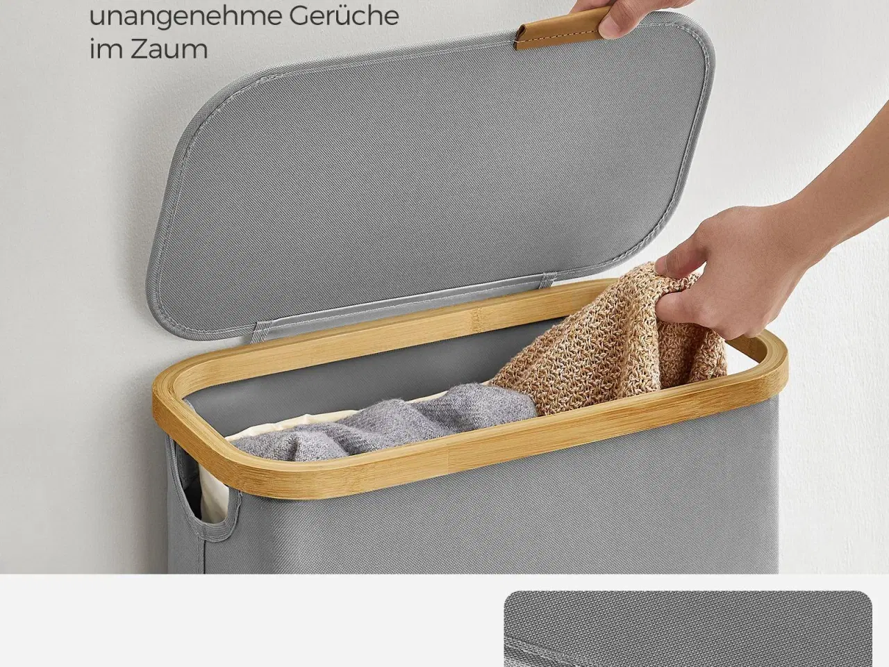 Billede 4 - Vasketøjskurv med låg 65 l slank model med aftagelig netpose, Oxford-stof, bambushåndtag, sammenklappelig, duegrå (42 × 22,5 × 70,5 cm)