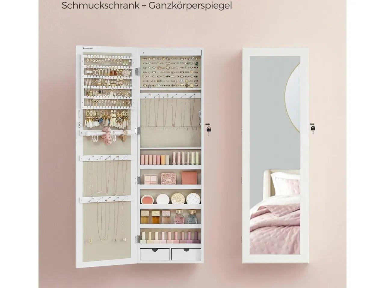 Billede 4 - Smykkeskab med spejl – SONGMICS væg-/dørhængt, låsbart, hvid med træstruktur og beige for, JJC093W01