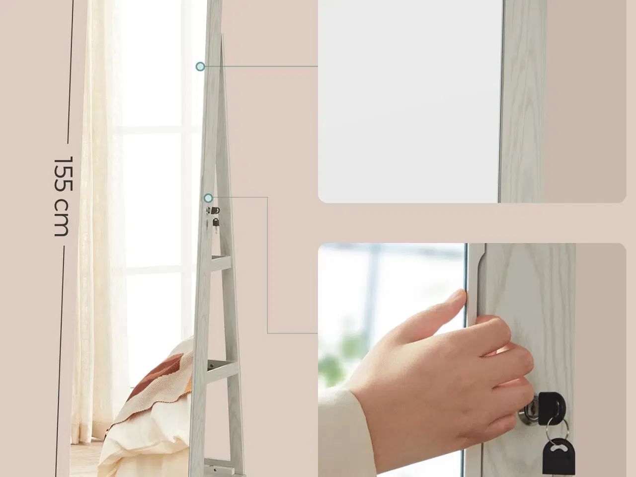 Billede 7 - Smykkespejl med skab – SONGMICS Jewellery Cabinet JJC007W01, hvid træstruktur