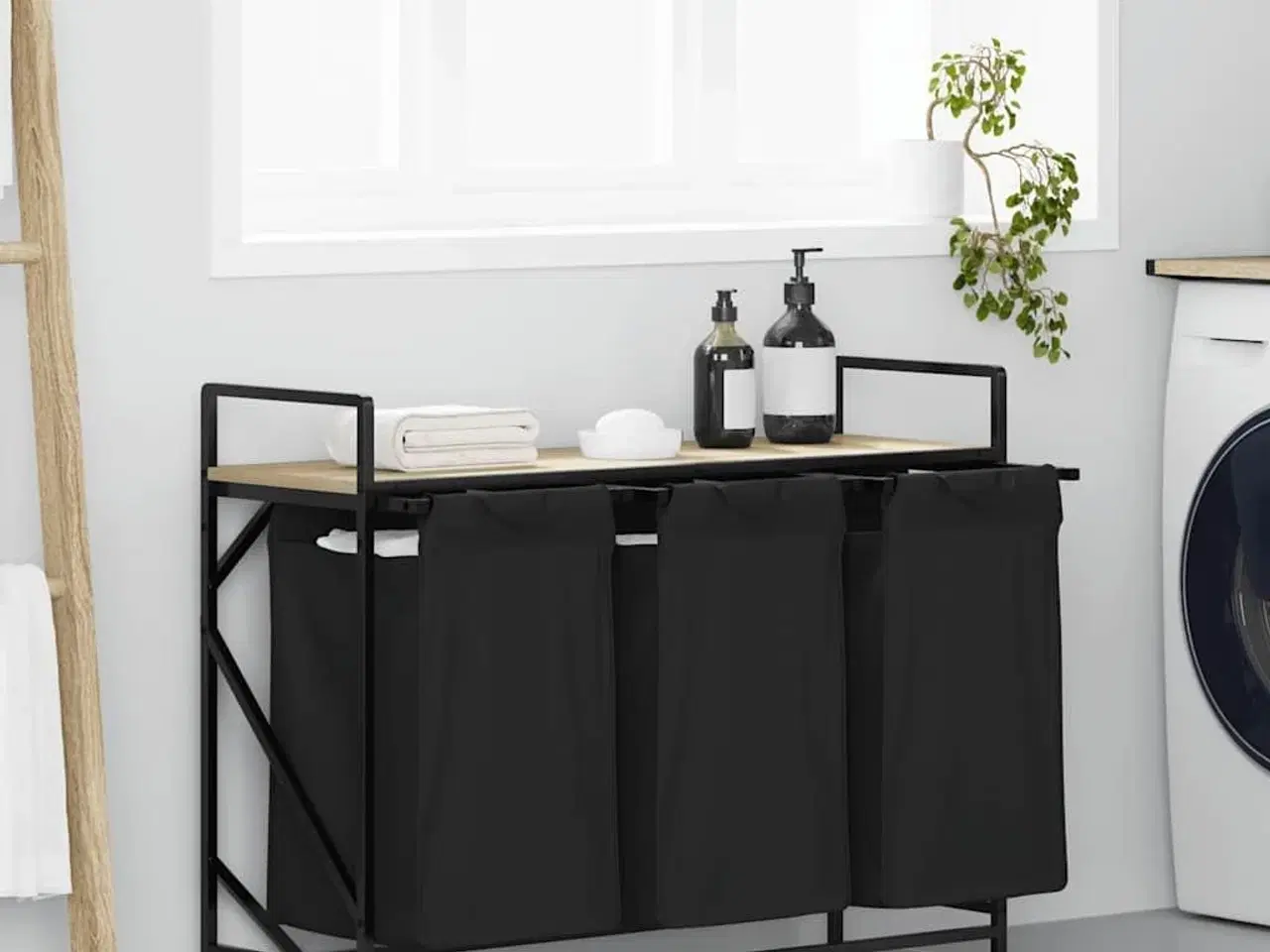 Billede 1 - Vasketøjskurv 3 rum med hylde sonoma-eg