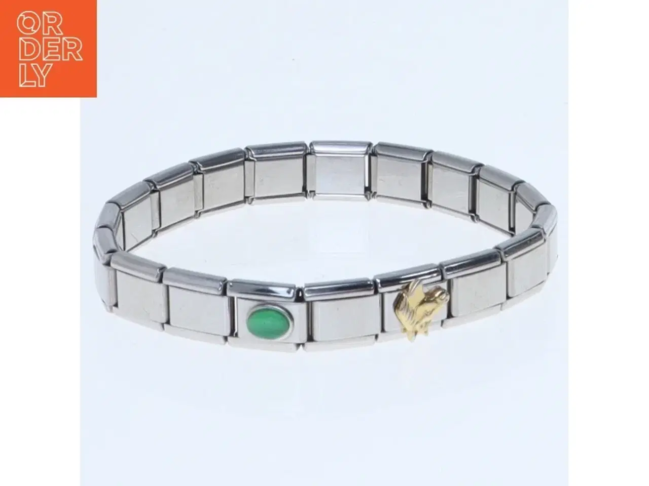 Billede 1 - Sølvfarvet armbånd med grøn sten og gulddetaljer (str. Ø 5 komma 6 cm)