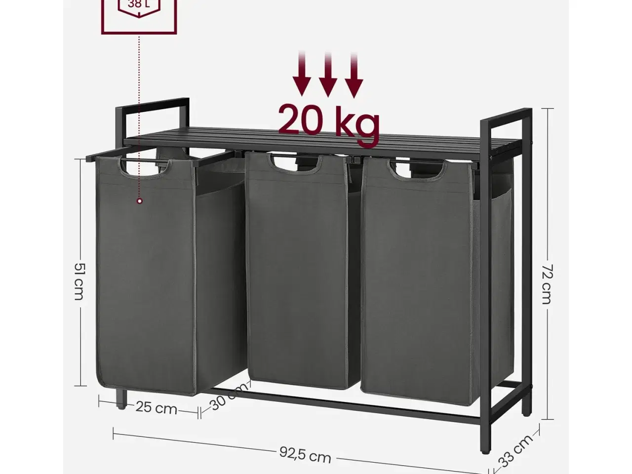 Billede 7 - Vasketøjskurv med 3 rum – VASAGLE, udtrækkelige poser, hylde, metalstel, 3 x 38 l, 92,5 × 33 × 72 cm, sort/grå