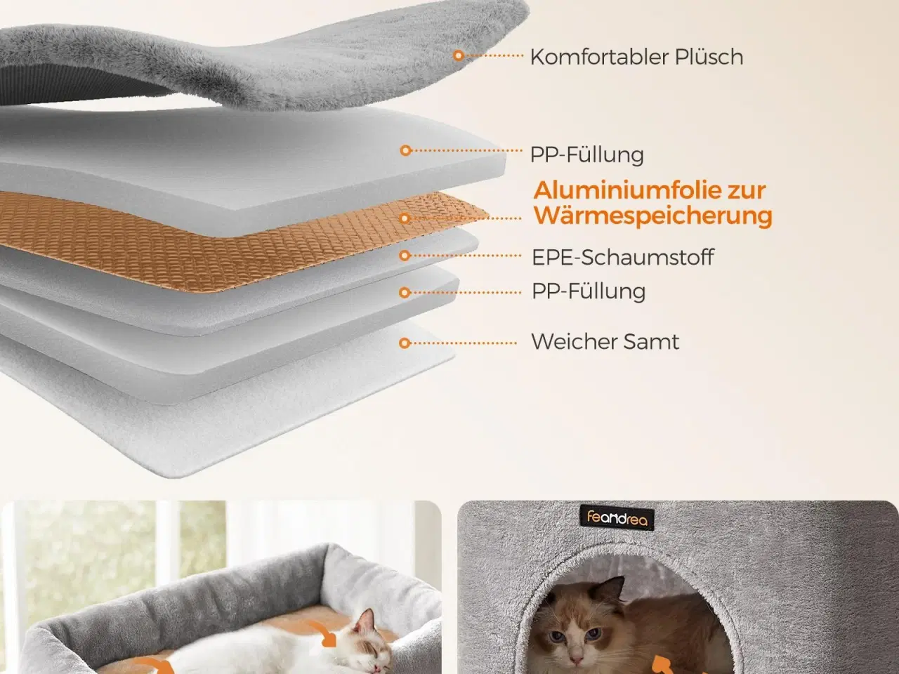 Billede 4 - Kattetræ til store katte – FEANDREA, robust kradsetræ med selvopvarmende puder, 2 selv-plejere, 9 kradsepæle, stor liggeplads, hule og kurve, 50 × 50 × 160 cm, duegrå/sort