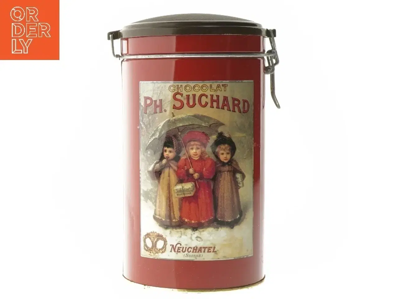 Billede 1 - Rød indretning dåse fra Ph. Suchard (str. Ø 11x20 cm)