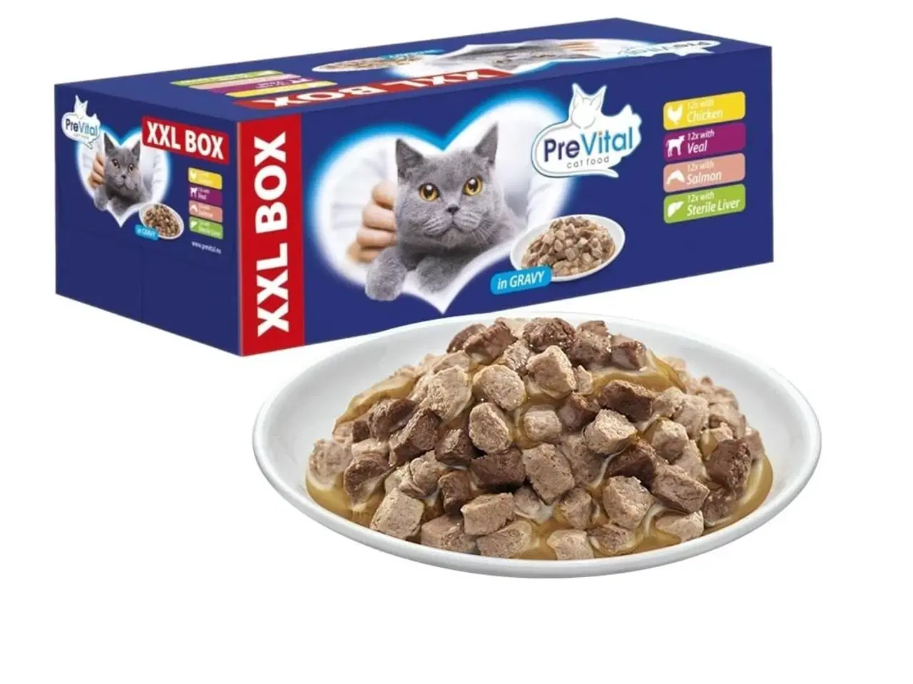 Billede 6 - Vådfoder til kat – PREVITAL XXL boks med kylling, kalv, laks og lever i sauce, 48 × 100 g