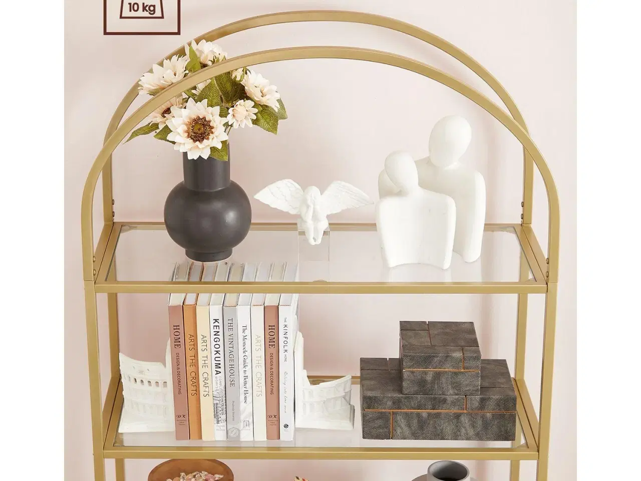 Billede 5 - Reol med 5 hylder – VASAGLE, hærdet glas og stål, buet design, gylden (LGT050A01)