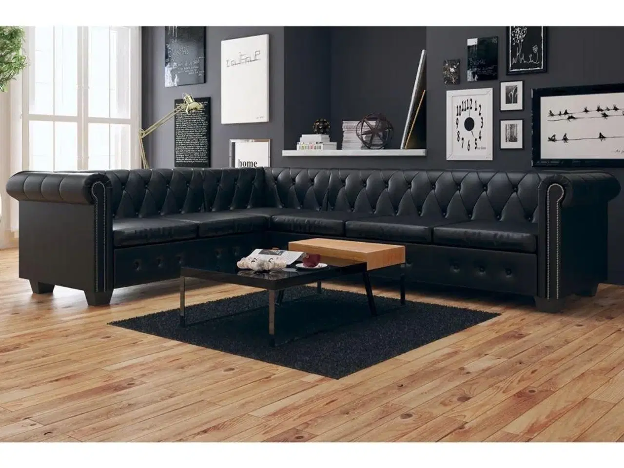 Billede 1 - Chesterfield 6-personers hjørnesofa kunstlæder sort