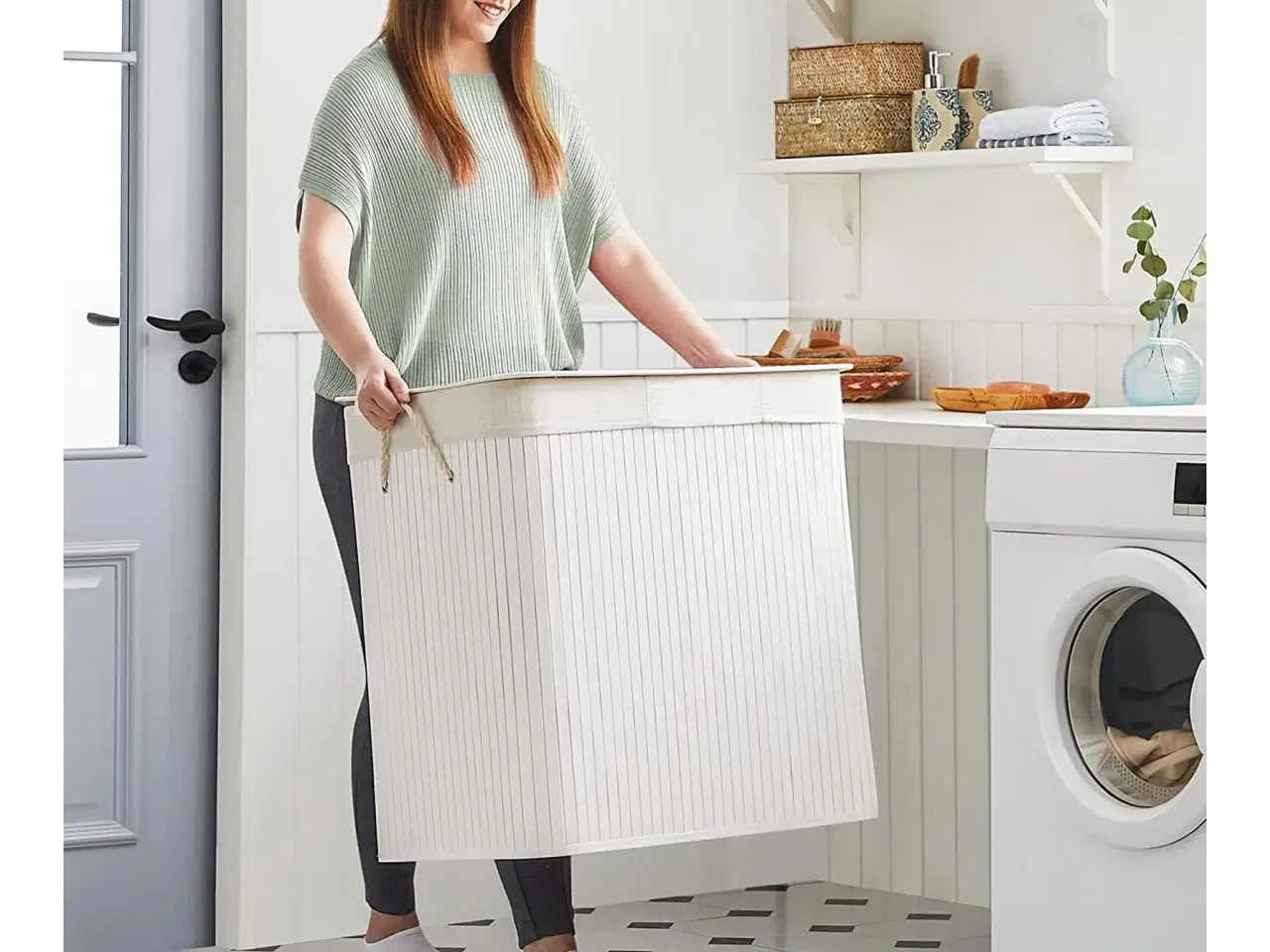 Billede 7 - Vasketøjskurv med låg 3 rum, 150 l, sammenklappelig, hvid