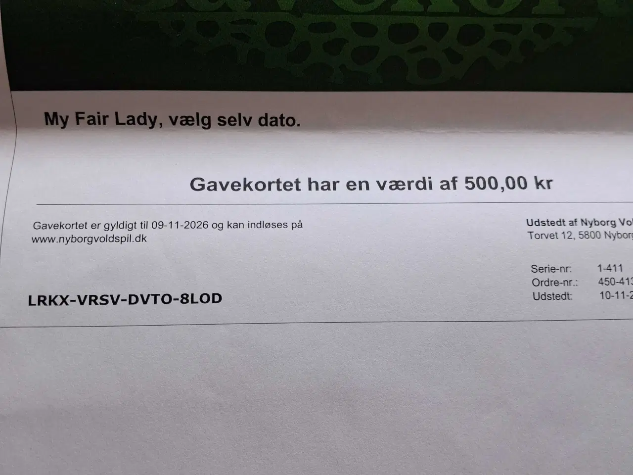 Billede 2 - Gavekort til Nyborg voldspil 