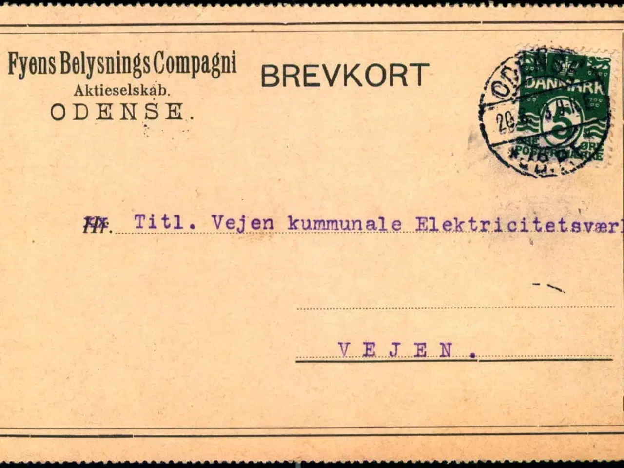 Billede 1 - Fyens Belysnings Compagni - Odense - Helsagskort u/n - Brugt