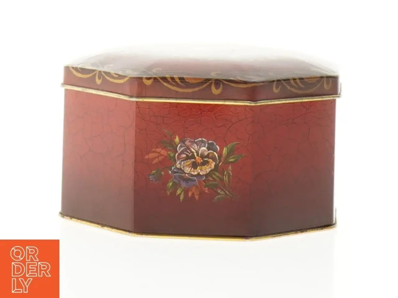 Billede 1 - Engelsk Vintage Ottekantet metal dåse med blomstermotiv (str. 12 x 7 cm)
