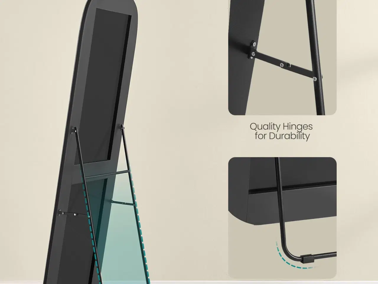 Billede 4 - Fuldfigur gulvspejl 160 × 50 cm – buet rektangel med støtteben, hærdet glas, aluminium – blæk-sort