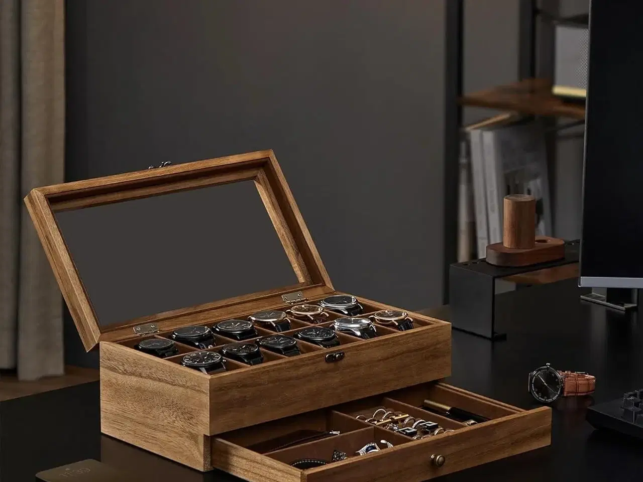 Billede 2 - Urkasse med glaslåg watch box i træ, 12 rum, 2 etager, rustik valnød