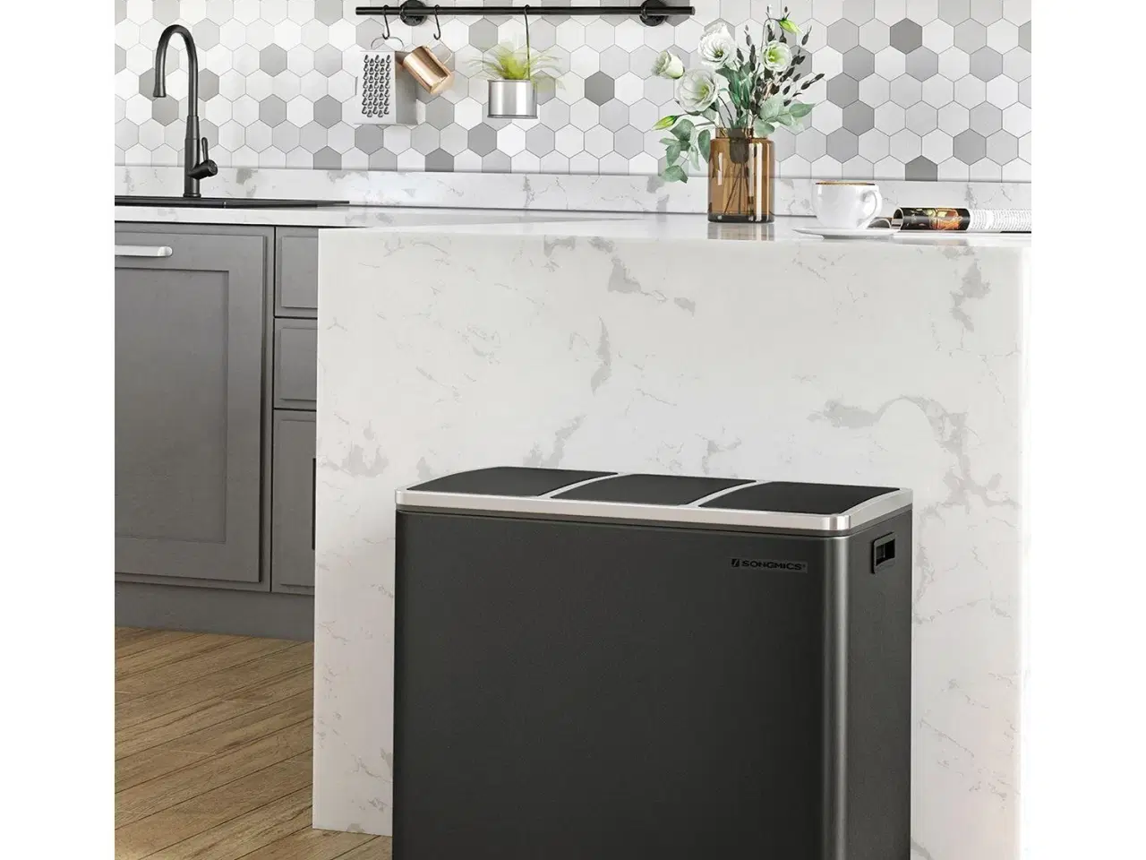 Billede 2 - Skraldespand til affaldssortering 3 x 18 l – SONGMICS pedalspand, sort