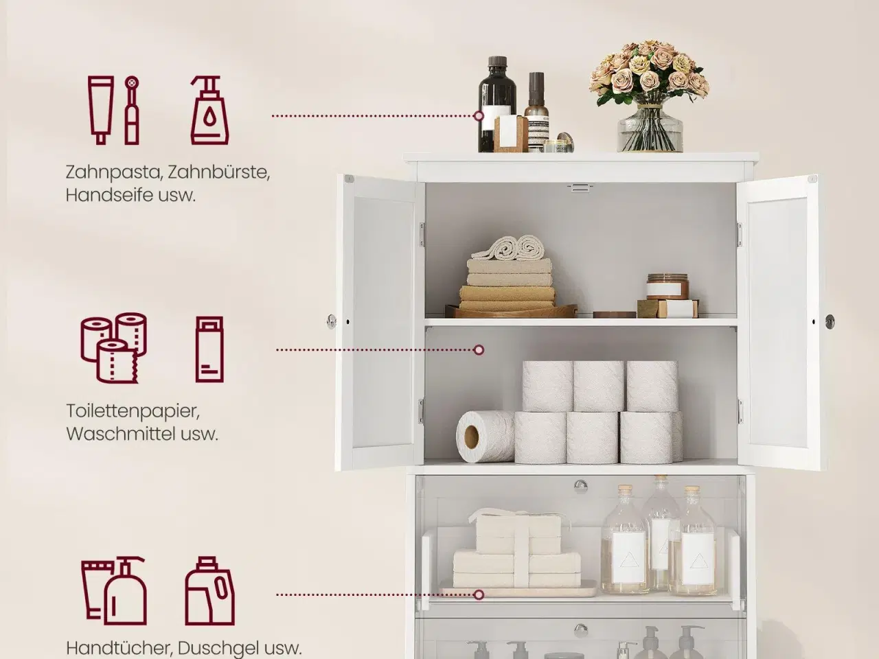 Billede 3 - Badeværelsesskab på gulv fritstående skab med 2 skuffer og 2 døre, justerbar hylde, 30 × 60 × 110 cm, hvid