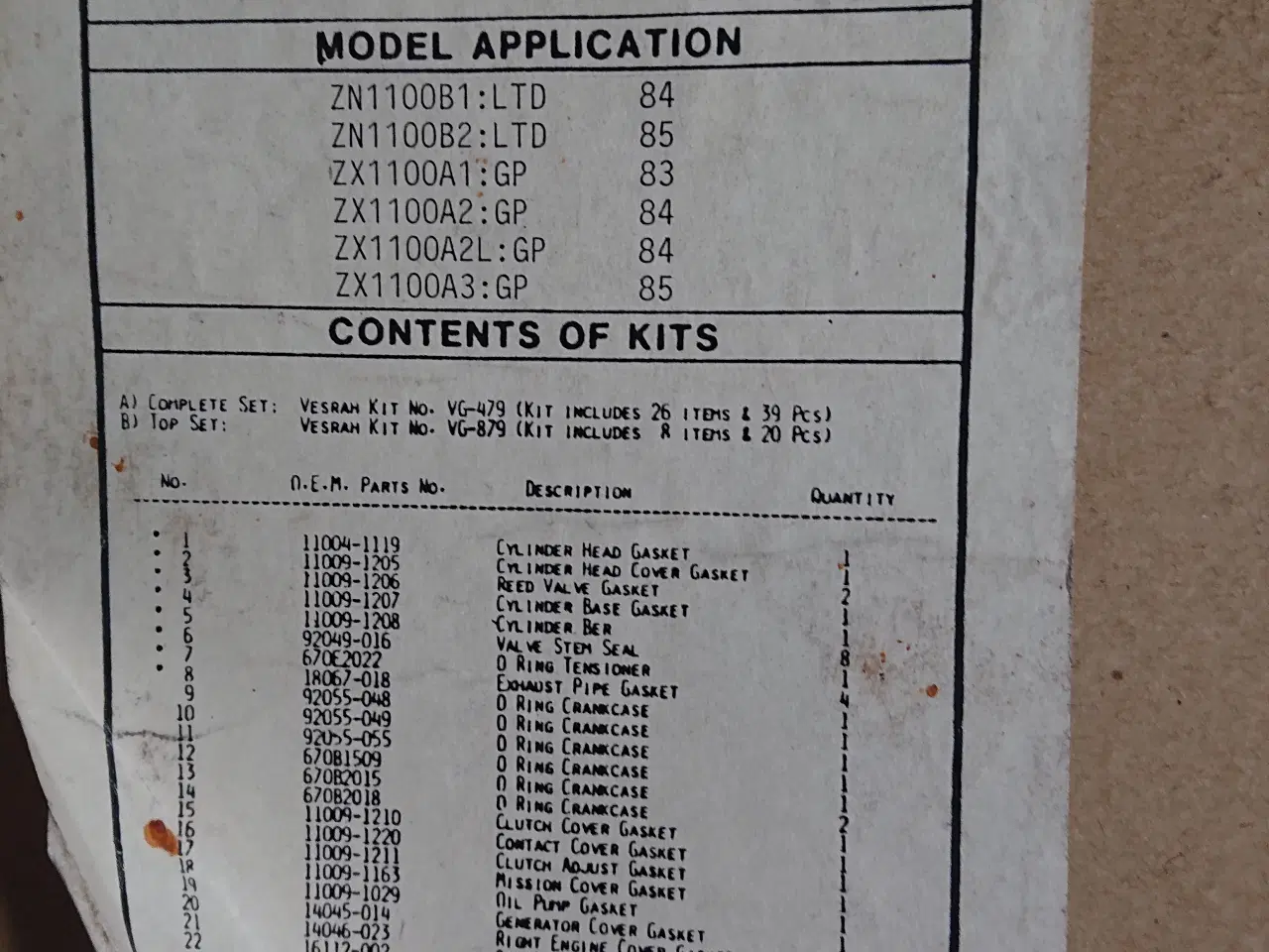 Billede 2 - Complet pakningssæt Kawasaki div. ZX1100 årg 83/85