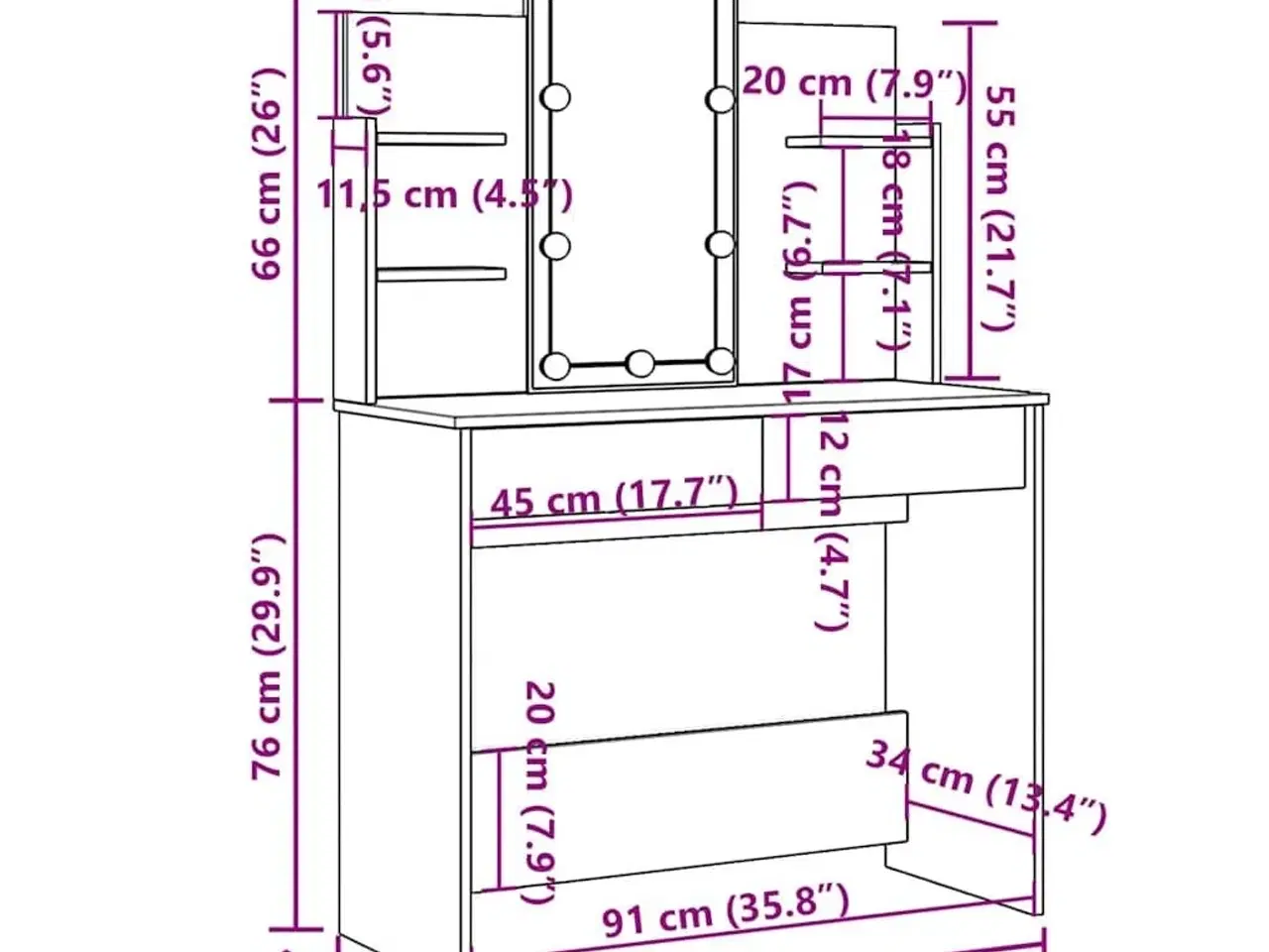 Billede 11 - Makeupbord med LED-lys 96x40x142 cm hvid