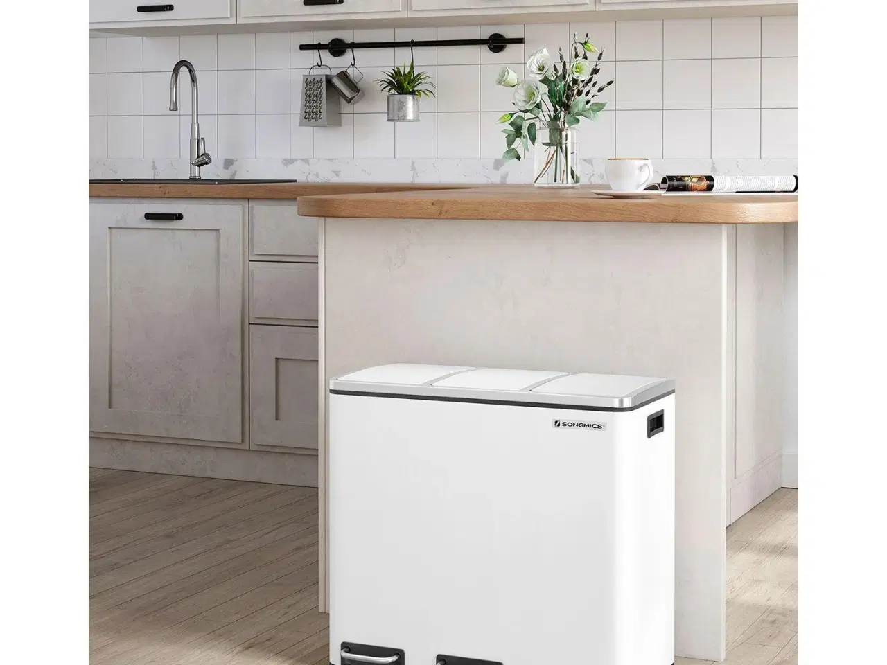 Billede 2 - Skraldespand til affaldssortering 3 x 18 l – SONGMICS pedalspand, hvid