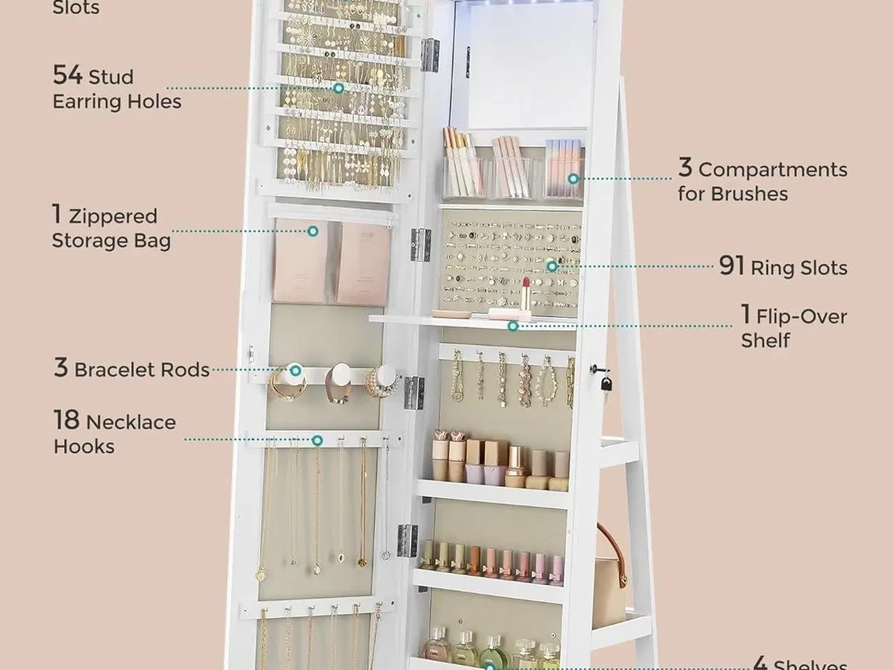 Billede 4 - Spejl-smykkeskab med 6 LED, låsbart – fritstående 360° drejefunktion, rammeløst helkropsspejl, 3 opbevaringshylder – hvid/greige
