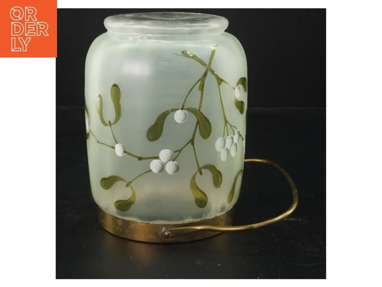 Billede 2 - Antik kiksebeholder af glas med blomsterdesign og messingtop (str. 16x12 cm)
