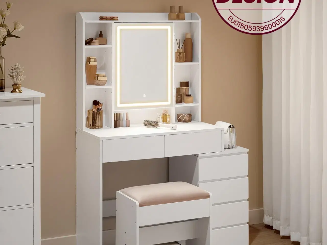 Billede 2 - Makeupbord med LED-lys, spejl og skuffer – 40 × 98,3 × 145 cm, moderne toiletbord i cloud hvid