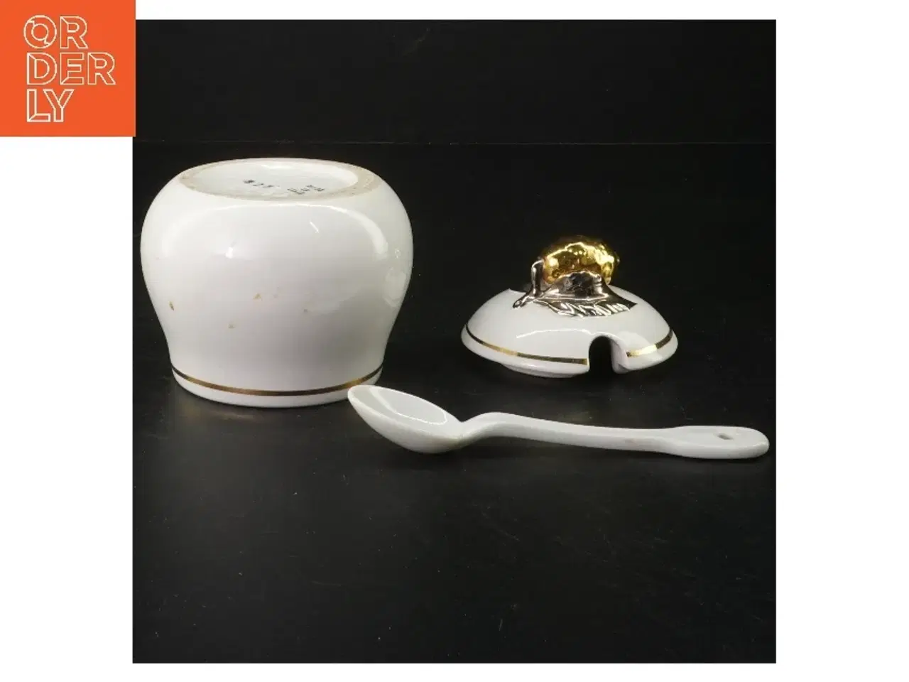 Billede 1 - Porcelænssukkerskål med løgformet låg og ske