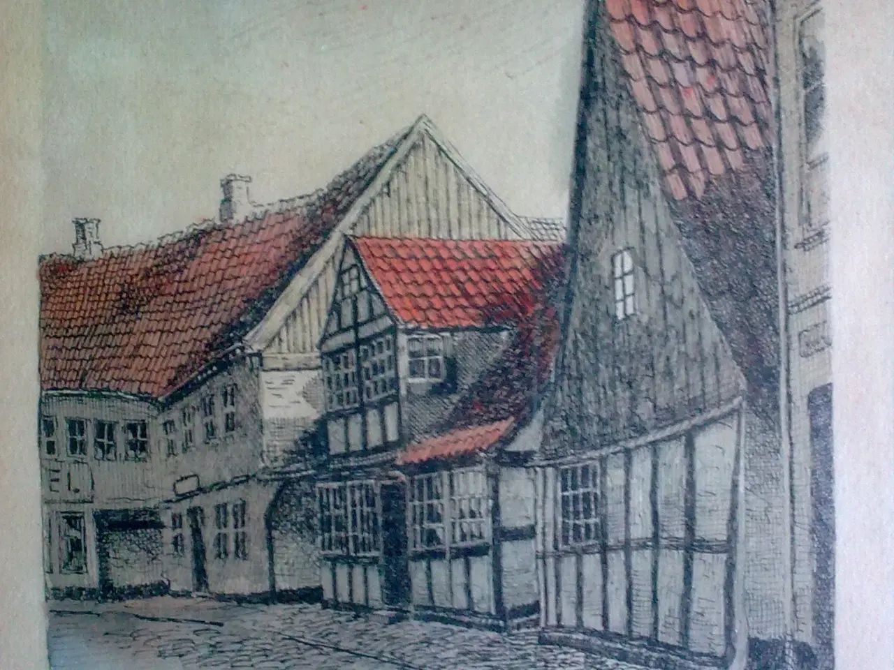 Billede 3 - Antik træ guldramme m radering DANMARK købstad