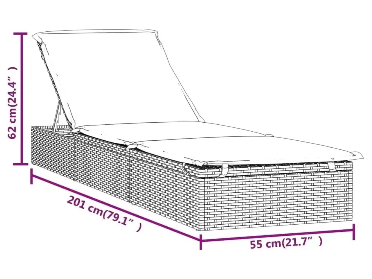 Billede 10 - Liggestol med hynde 201x55x62 cm polyrattan sort