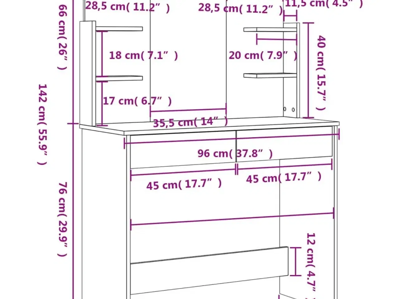 Billede 9 - Makeupbord med spejl 96x39x142 cm hvid