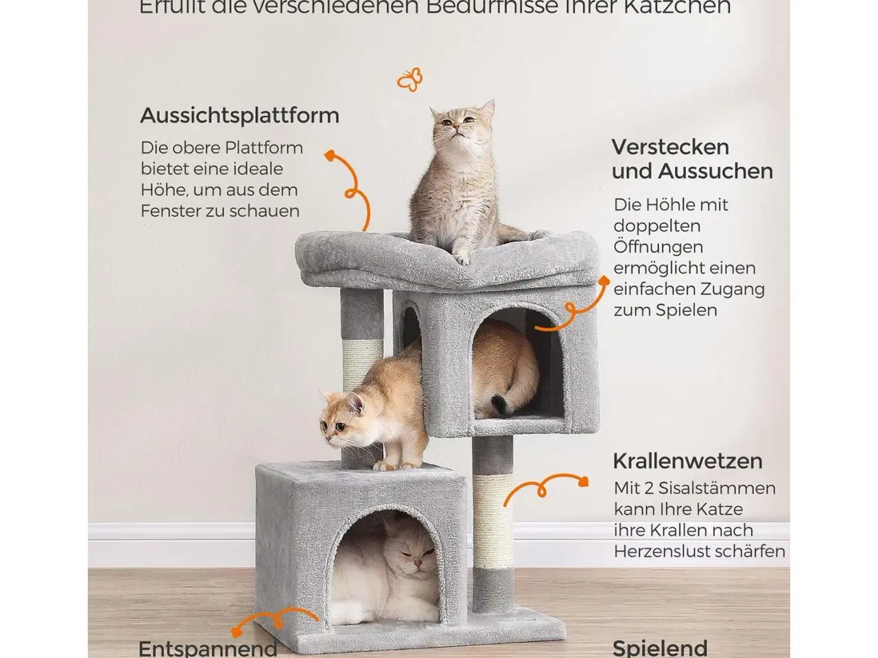 Billede 4 - Kattetræ – FEANDREA, 67 cm kradsetræ med 2 huler, stor liggeplads, til killinger op til 3 kg, lysegrå