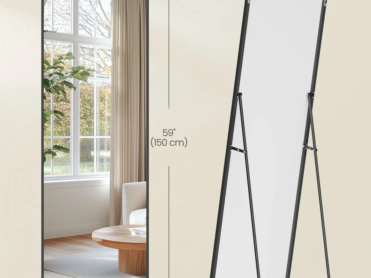 Billede 5 - Fuldfigurs gulvspejl 150 × 40 cm med ståstativ – rektangulært spejl i hærdet glas, aluminiumsramme, blæksort