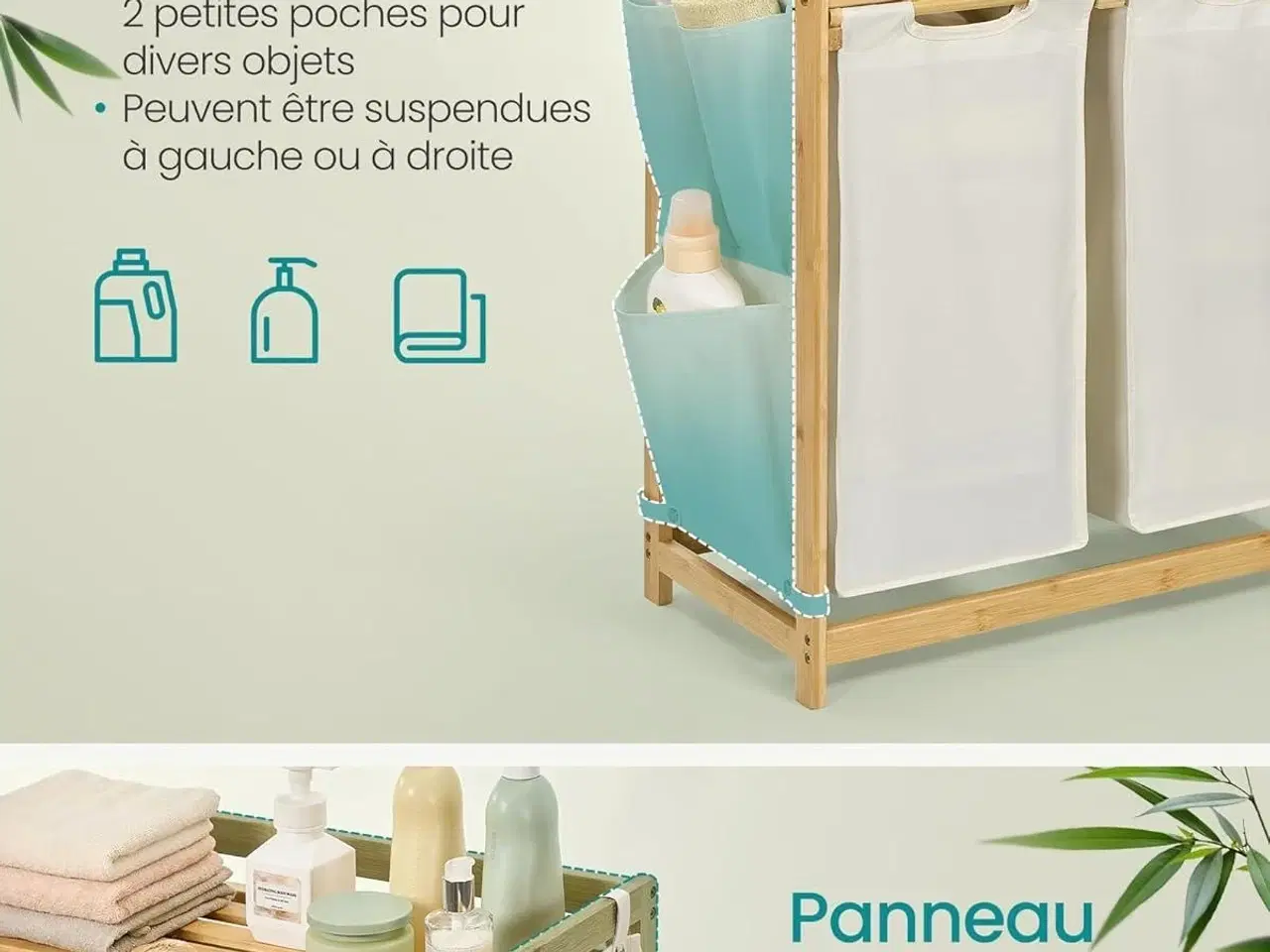 Billede 5 - Vasketøjskurv med 2 rum bambus, 100 l med hylde og sidelommer, cremehvid 63 × 33 × 78 cm