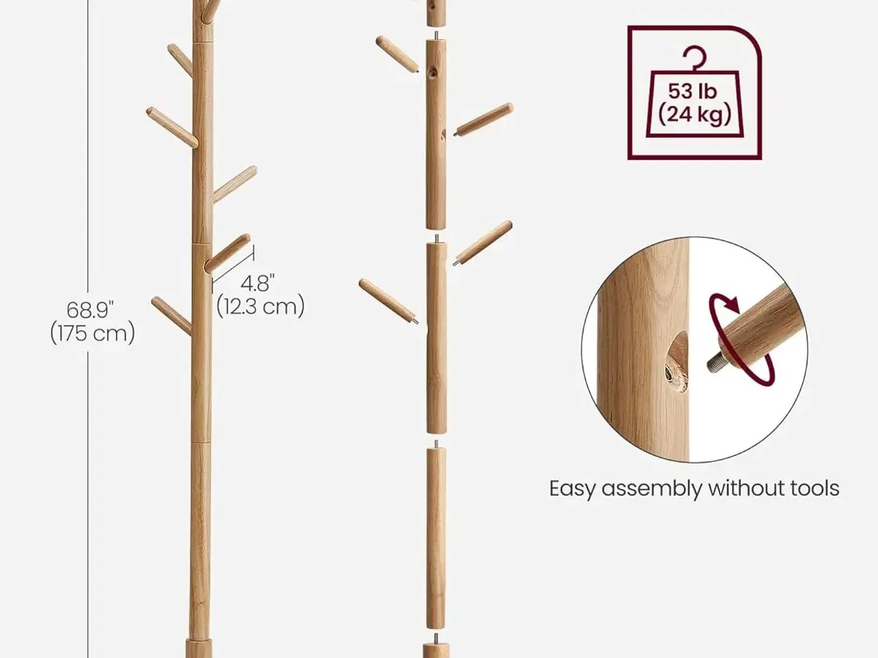 Billede 7 - Stumtjenere i massivt gummitræ – fritstående knagerække med 8 kroge, cappuccino beige, 175 cm