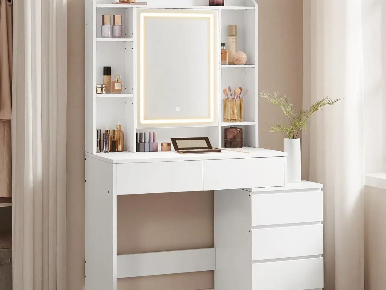 Billede 7 - Makeupbord med LED-lys, spejl og skuffer – 40 × 98,3 × 145 cm, moderne toiletbord i cloud hvid