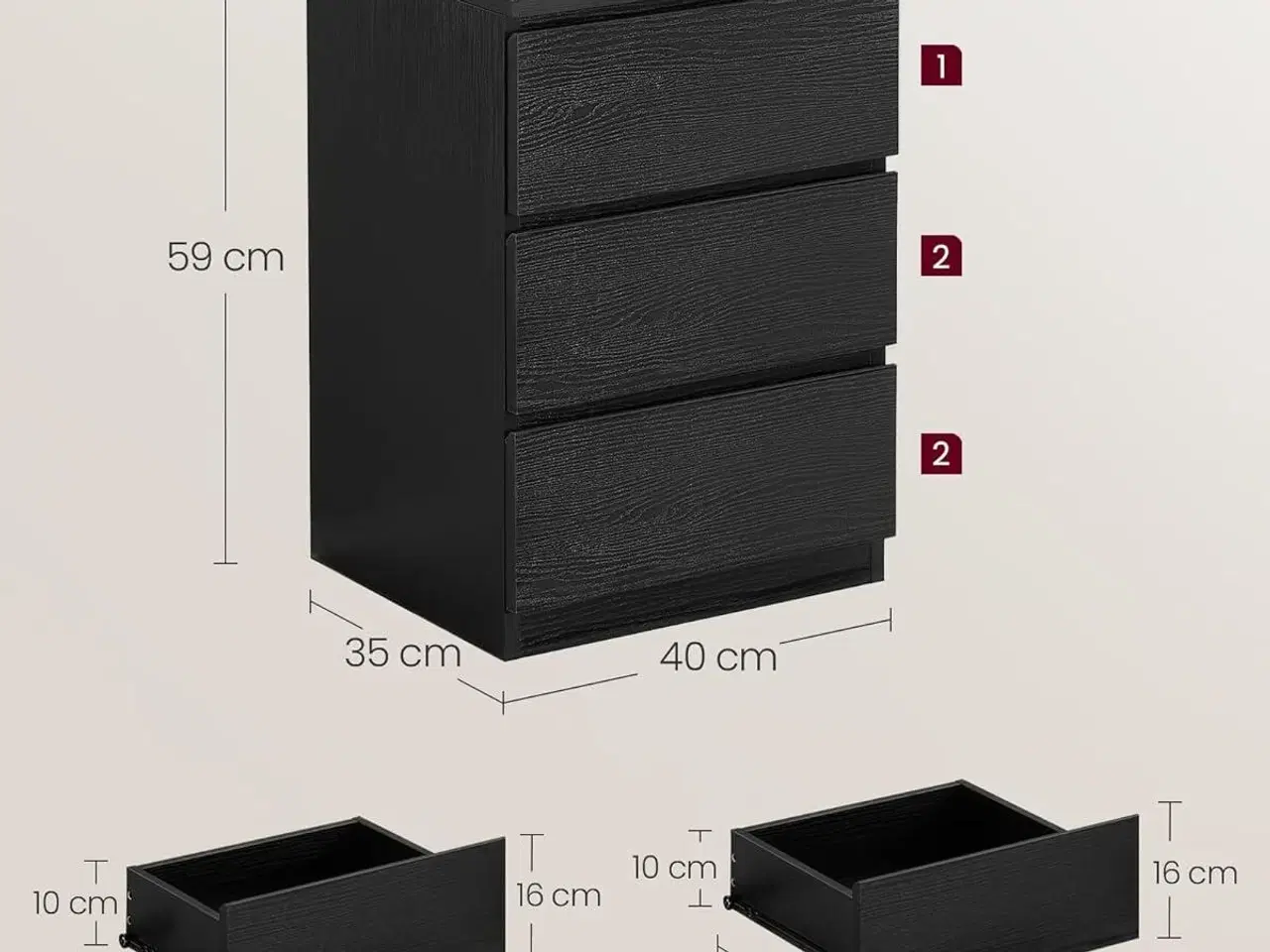Billede 3 - Sengeborde med strøm sæt á 2, 3 skuffer, 2 stikkontakter & 2 USB-porte, ebensort