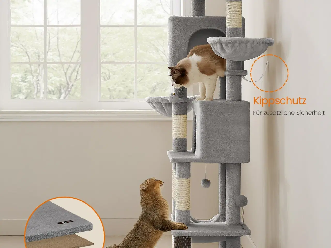 Billede 7 - Kattetræ Feandrea, 175 cm højt, multi-level kattemøbel med 2 huler, 2 kurve, 5 kradsepæle, selv-plejer, udkigsplads og hængekøje, indendørs, duegrå