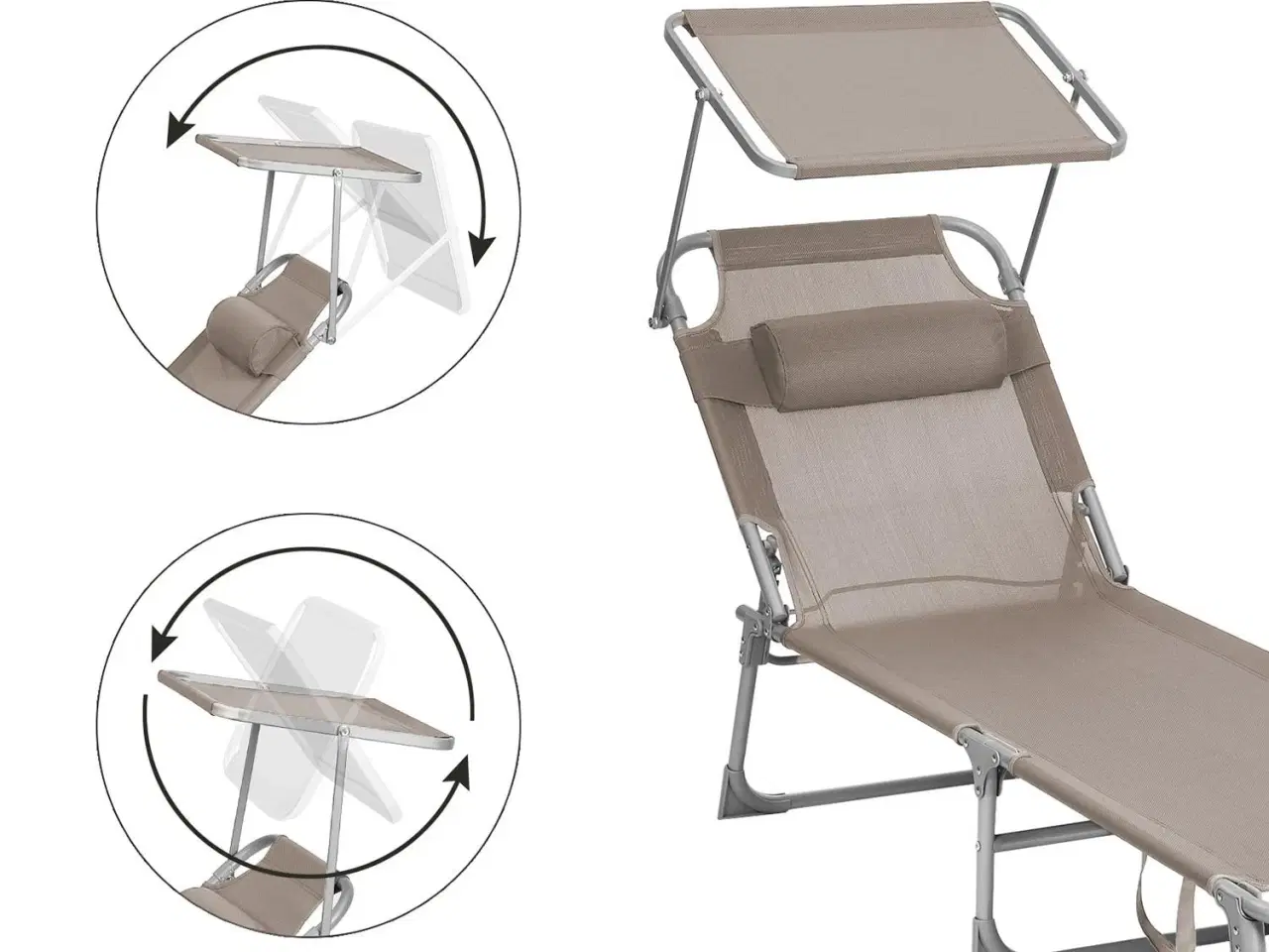 Billede 6 - Solseng med nakkepude og solskærm – justerbar, foldbar, taupe 53 × 193 × 29,5 cm (150 kg)