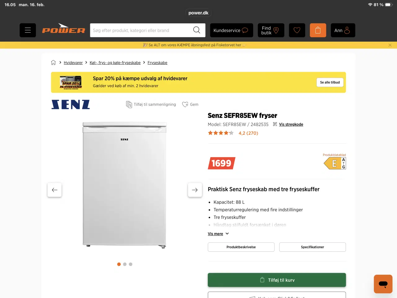 Billede 3 - Senz skabsfryser 88 L