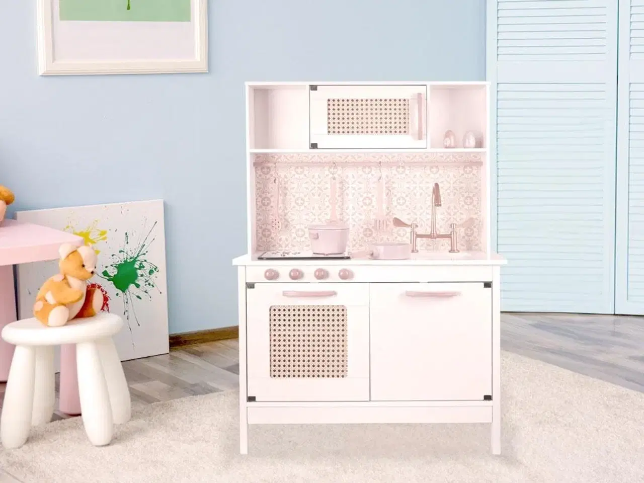 Billede 19 - Legekøkken i træ med retro look og boho tilbehør – MDF, lys og lyd