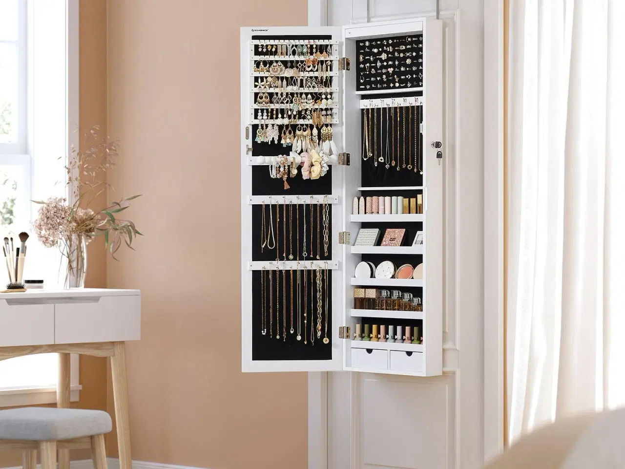 Billede 3 - Smykkeskab med spejl vægmonteret, låsbart organiser i hvid