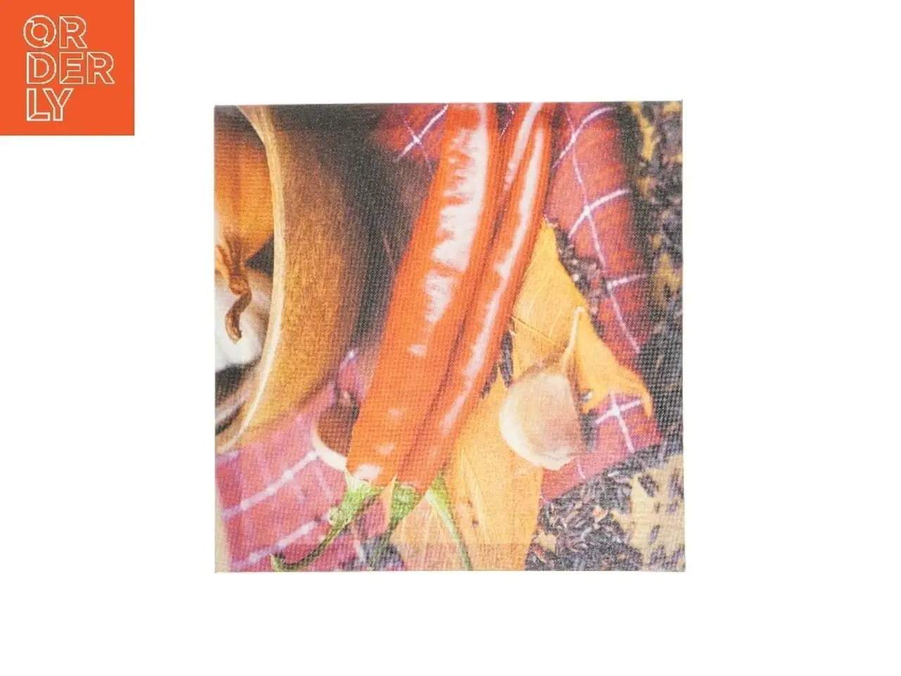 Billede 1 - Lærredstryk med madmotiv (str. Størrelsen er ikke angivet, men virker som en standard mellemstor lærredsprint.)