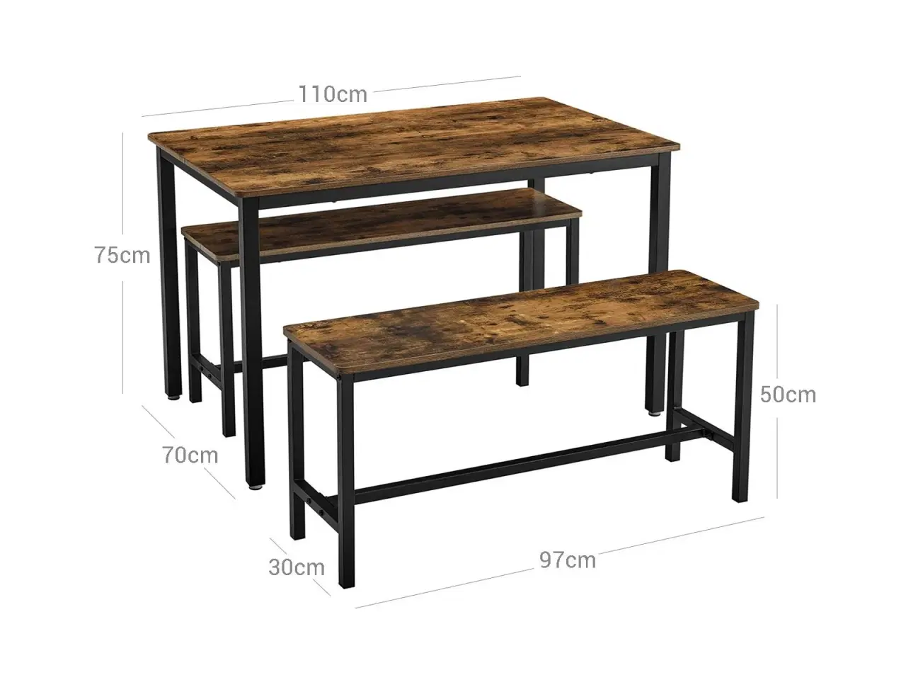 Billede 7 - Spisebord med 2 bænke industrielt design, rustik brun/sort, 110 × 70 × 75 cm