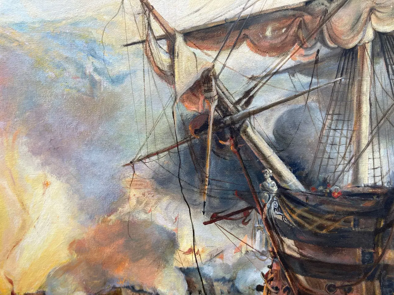 Billede 2 - Maleri Krigsskib Historisk Scene oliemaleri