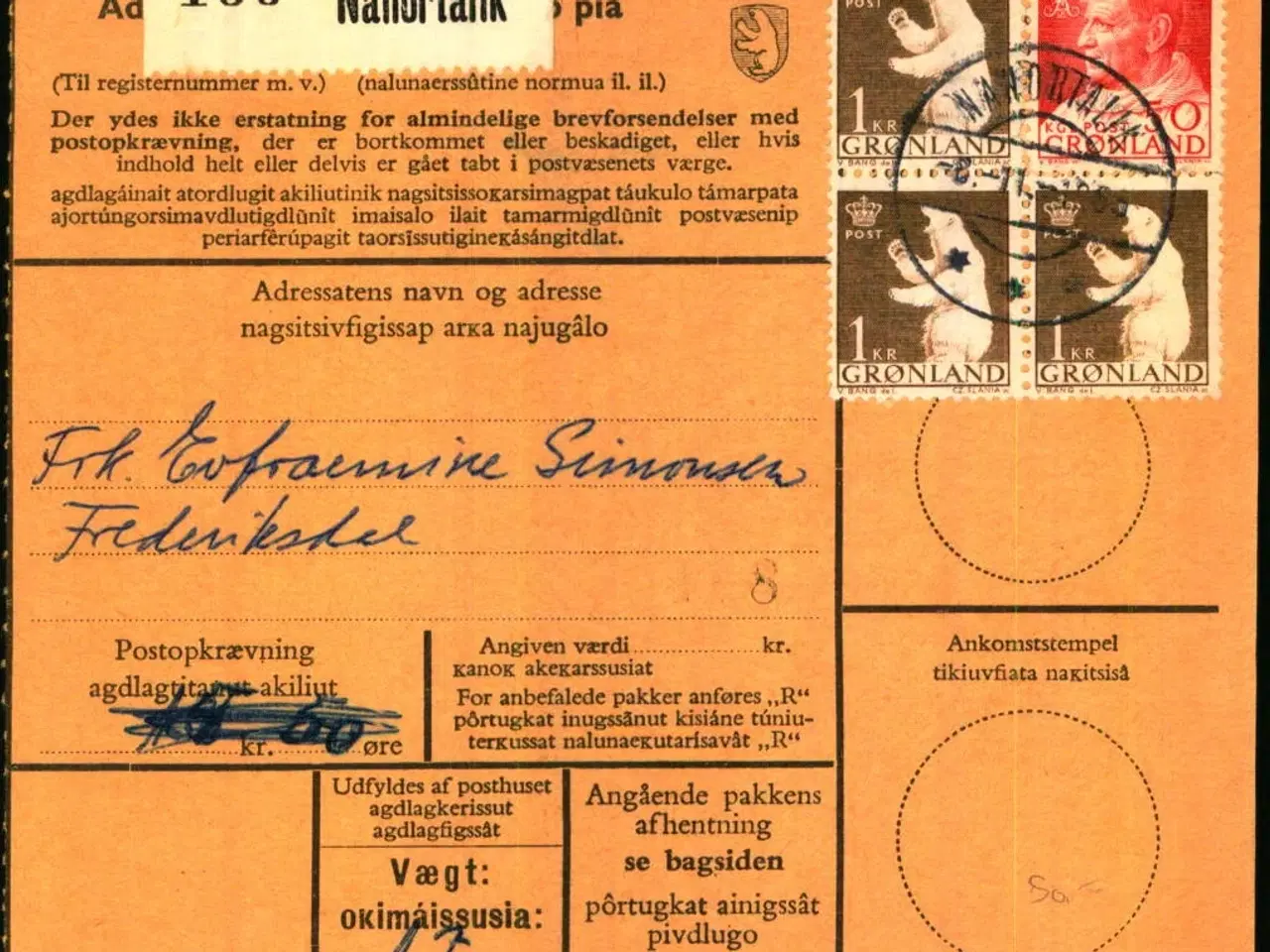 Billede 1 - Adressekort fra Grønland  8 - 11 - 1965 - 3x1 kr - 1x 60 øre