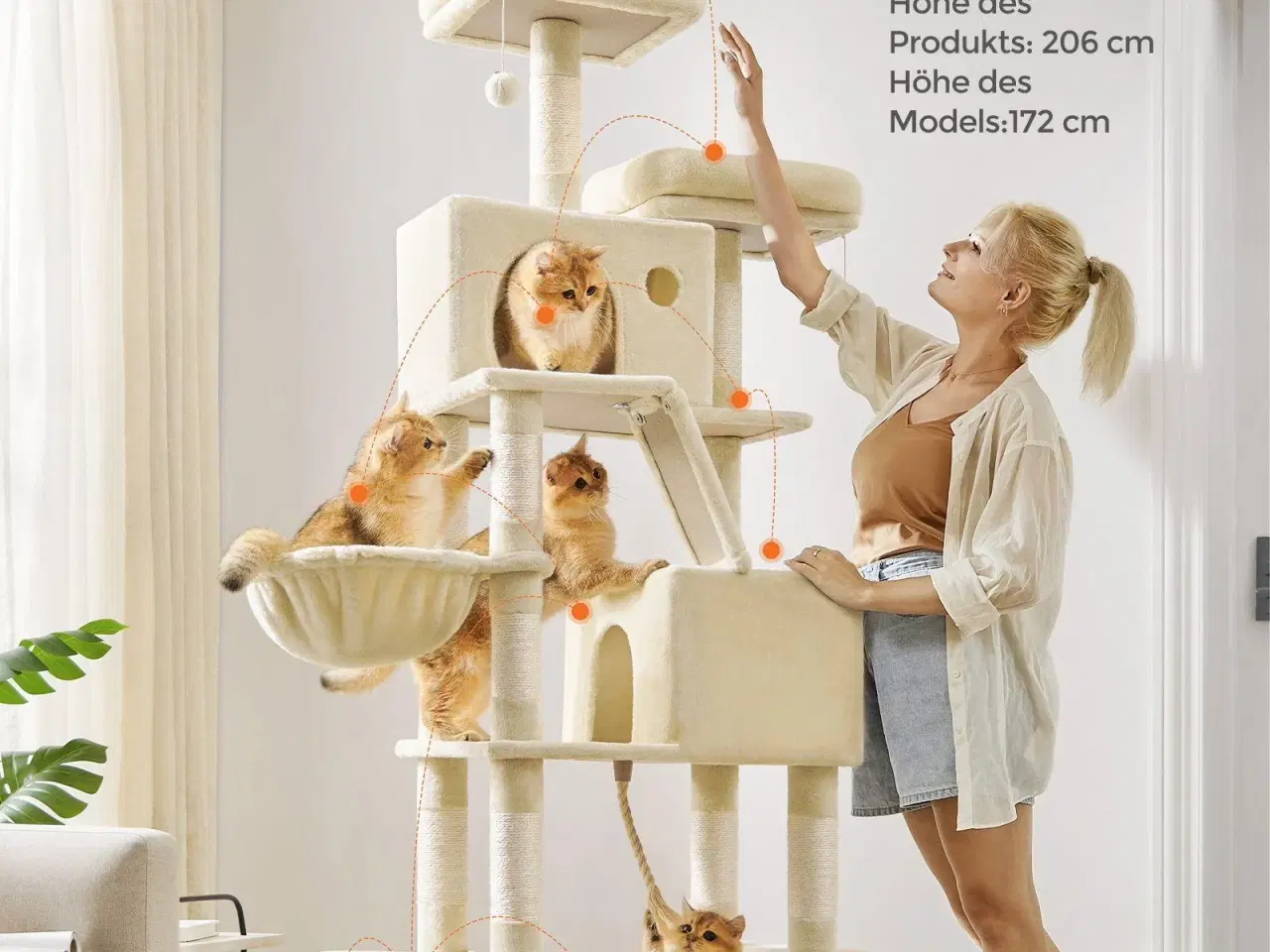 Billede 2 - Klatretræ til kat Feandrea, XXL kradsetræ 206 cm, 13 kradsepæle, 2 platforme, 2 huler, hængekøje og kurv, beige