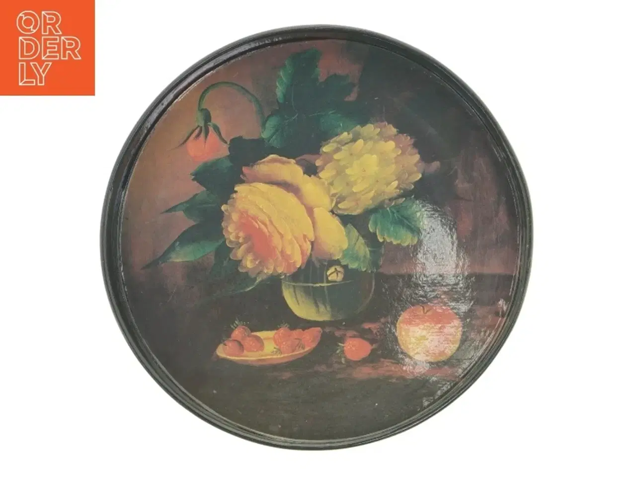 Billede 1 - Rund serveringsbakke med blomstermotiv (str. 30 x 3,5 cm)