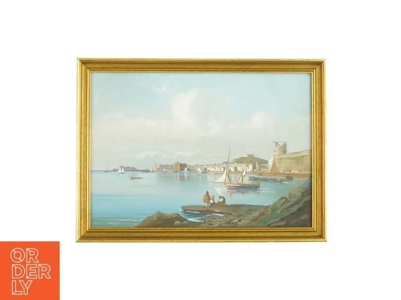 Billede 1 - Maleri Sydlandsk havnemotiv i guldramme