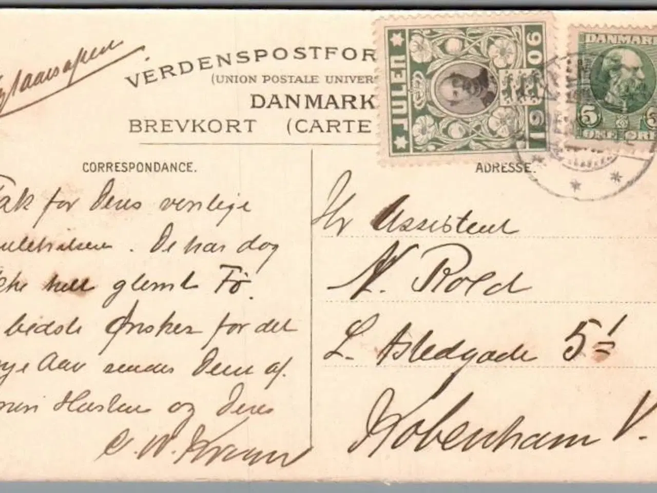 Billede 1 - Julemærke 1906 på Postkort - Stemplet 29 - 12 - 1906